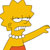 Pixelated yellow cartoon character with spiky hair, red bottom garment, and one arm extended rightward in a pointing gesture.