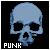 A light blue skull icon with black eye sockets and nasal cavity on a black background, labeled 'PUNK' in white pixelated text below.