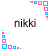Pixelated text 'nikki' appears below a corner arrangement of pink and blue squares on white background, with variations in square size and position across frames.
