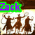 Animated sequence showing three cowboys on horses, a horse rearing in water, and a single horse with vertical text.