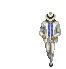 Pixelated character in white suit with blue stripes performs sequential dance moves against gray background.
