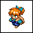 Pixel art character with orange hair and blue bow in four animation frames showing different poses against gray background