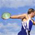 Pixelated static image of a person in athletic attire throwing a discus against a blue background.