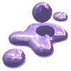 Animated sequence of purple liquid droplets and puddles shifting across a gray background, with varying sizes and shapes in each frame.
