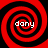 Four identical red and black spiral patterns arranged in a , each containing the text 'dany' at its center