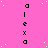 A pink background with white speckles and four vertical of black pixelated text spelling 'alex' in a repeating pattern
