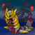 Animated pixel art of a golden dragon with red and gray accents, breathing dark smoke against a blue background.