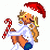 Pixelated icon of a blonde woman in Santa hat holding candy cane, next to red text 'Gendy Gens' on white background with green border.