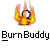 Two identical animated frames of a pixelated buddy icon showing a yellow stick figure engulfed in orange and red flames with the text "BurnBuddy" below it, alongside promotional text for badassbuddy.com.
