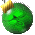 Two pixelated spherical icons with golden star-topped caps, one green and one red, displayed side-by-side on a gray background.