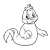 Pixelated grayscale icon of a cartoonish creature with large eyes, a rounded body, and a curved tail, holding a circular object.