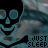 A repeating pattern of black skull icons with blue eyes and mouths, each paired with a white 'JUST SLEEP' text on a gray-blue background.