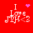 Red background with white text "I Love My <3" and four variations of purple pixelated symbols above the 'I'.