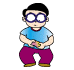 Animated cartoon character with dark hair and purple glasses performs sequential actions while holding a small yellow object.