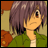 Pixelated anime-style character with purple hair and green jacket against black background with text.
