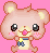 Pixelated cartoon mouse with large black eyes, pink cheeks, and a yellow bow tie on a solid pink background.