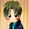 Pixelated chibi-style character with brown hair, red cheeks, and teal shirt under dark jacket against wooden background, showing four sequential expressions.