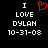Black background with white pixelated text reading "I LOVE DYLAN 10-31-08" and a red heart symbol replacing the word "LOVE" in one view.