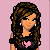 Pixel art contact sheet showing multiple views of a cartoon woman with long brown hair wearing a black top and white skirt, alongside text fragments on pink background.