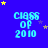 Blue background with repeated 'CLASS OF 2010' text in light blue, scattered yellow and purple stars.