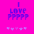 Pixelated text 'I LOVE ?????' in blue on bright pink background with five purple hearts below, showing heart count change