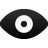 Black and white pixelated eye icon with a central square pupil, white iris, and black sclera on a light gray background.