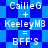 Blue and white pixelated text displays 'CailieG + KeeleyMB = BFF'S' on a blue diamond-patterned background with two identical repeated sections.