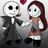 Pixel art of two skeletal figures holding hands under a red heart, with text reading "we can live like jack and sally if we want" on a black background.