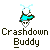 Pixel art icon of a character with light blue antennae, white face, and turquoise outfit, above text reading 'Crashdown Buddy' on gray background.