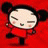 A pixelated character with black hair in buns wears a red outfit against a red background, with a black showing white text on the right