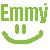 Green pixelated text 'Emmy' above a green smiley face with two vertical eyes on a light background.