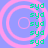 A static image with four pink concentric circle patterns on a light blue background, each containing the repeated text "syd" in green pixelated font.