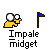 Pixel art animation of a yellow figure with white head holding a blue flag, showing sequential changes in held objects and small floating elements.