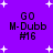 Purple background with white starbursts and repeated text "GO M-Dubb #16" in pixelated font, showing animation changes between frames.