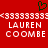 Red background with pixelated white text reading "LAUREN COOMBE" in two , a green heart symbol above the text, and repeating white chevron patterns on both sides
