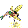 Animated fairy with yellow wings, green dress, red sash, and green shoes holding a sparkly wand against gray background.