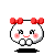 Pixel art character with red bows, pink cheeks, and a smiling mouth in four variations showing eye and hand pose changes.