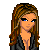 Pixelated cartoon woman with long brown hair and blue eyes, wearing a dark blazer over an orange top against black background text.