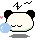 Pixel art contact sheet of four panda face frames with bubble-blowing animation, pink hearts, and wavy lines on gray background.