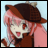 Pixelated anime-style character with pink hair and red eyes wearing a brown hat and brown clothing against a light blue background.