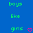 Blue background with green pixelated text 'boys', 'like', 'girls' and pink pixelated hearts arranged in a