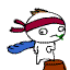 A 64x64 pixel animated buddy icon featuring a cartoon character with a red headband, blue cape, and brown base, showing two frame variations of the character's hair movement.