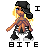 Pixel art icon of a female character with blonde hair and black headwear walking, featuring text "I" above and "BITE" below on white background.