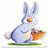 Pixelated 48x48 static icon of a light blue rabbit holding an orange carrot on green grass against white background.