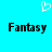 Pixelated white heart symbol above two black 'Fantasy' text blocks on cyan background.