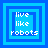 Four blue square frames with pixelated text "live like robots" in white, each frame containing nested squares of varying shades.
