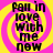 Four identical display black text on a yellow and pink spiral background with pixelated text reading "fall in love with me now"
