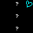 A cyan pixelated heart symbol centered on a black background, surrounded by six white question mark icons arranged in two of three