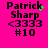 A bright pink background displays four identical text blocks with black pixelated font reading Patrick Sharp <3333 #10, each containing a small green dot animation near the top-right of 'Patrick'.