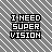 Pixelated text "I NEED SUPER VISION" repeated across a diagonal striped background with partial gray overlay.